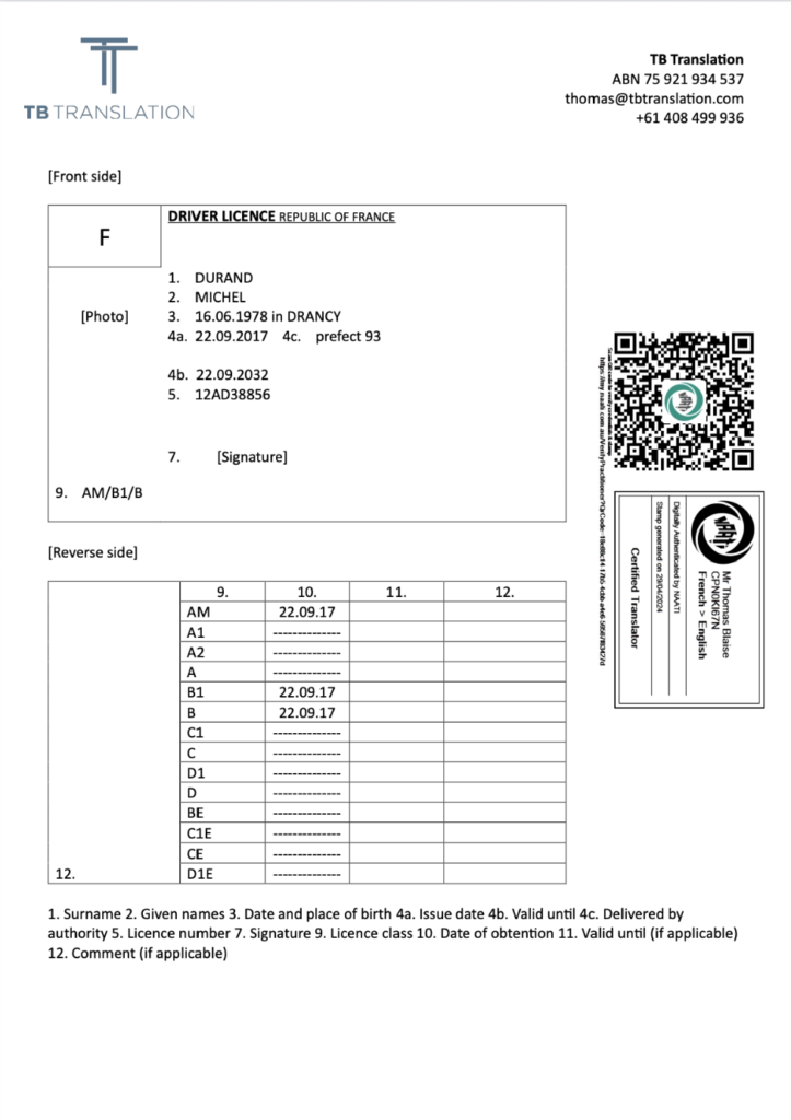 Traduction NAATI permis de conduire